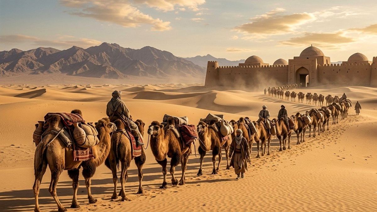 Silk Road camel caravan approaching a walled caravanserai
