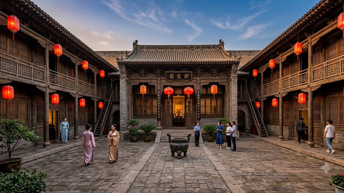 Courtyard of a Shanxi piaohao draft bank in Pingyao at dusk