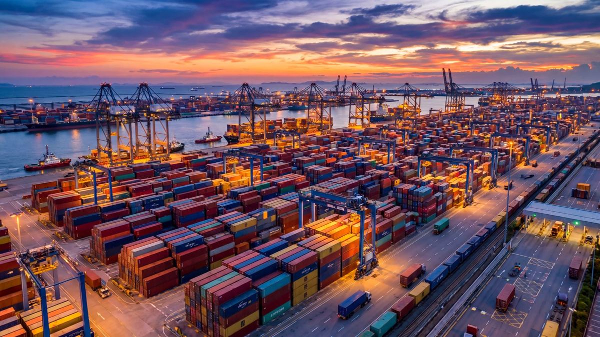A modern container port at sunset