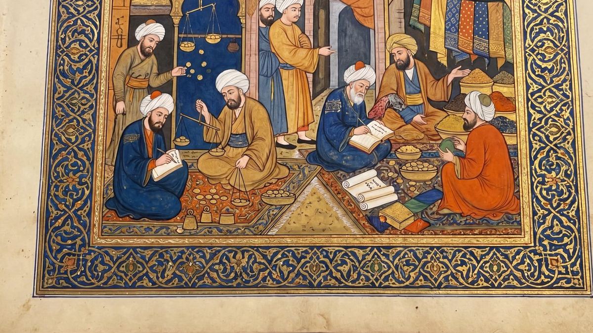 A medieval Islamic manuscript scene of merchants and a money-changer in a bazaar