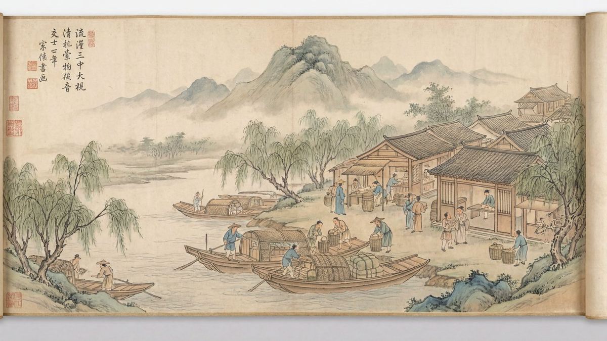 A Chinese handscroll of riverside trade, boats loading bales at a market