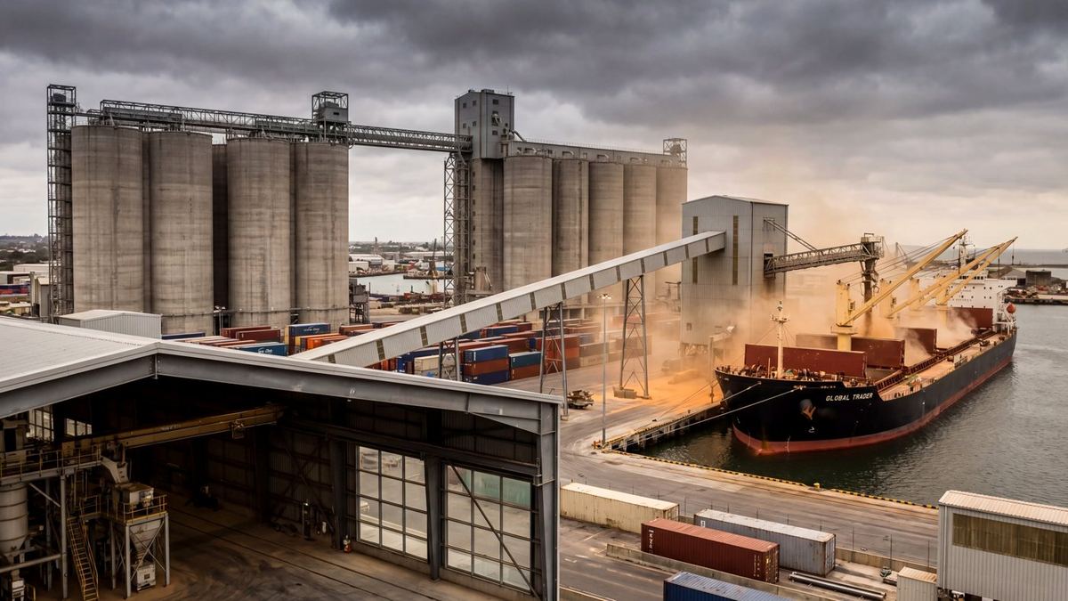 A grain terminal with silos and a docked bulk carrier